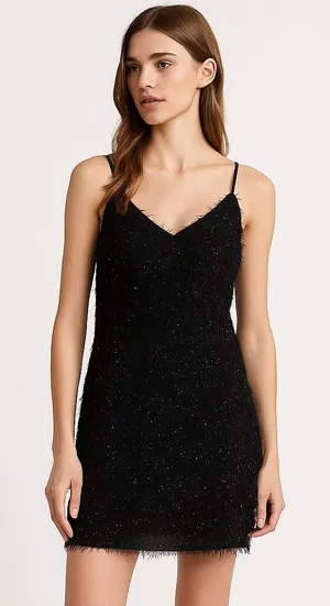 Main Strip NEW Black Lurex Fringe Mini Dress Sparkly Sequin Party Cocktail L thumbnail 1