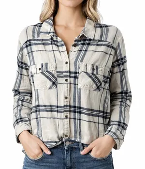 Abercrombie‎ & Fitch Plaid Flannel Shirt Womens M Cream Navy Button Down thumbnail 1