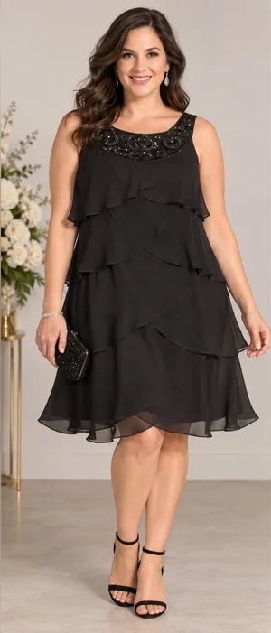 SLNY Black Layered Chiffon Beaded Floral Formal Dress Size 16 👗 thumbnail 1