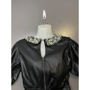 Maeve Blouse Womens XS Black Faux Leather Pearl Beaded Collar Cropped Zip Top thumbnail 2