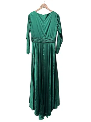 Ieena for Mac Duggal Long Sleeve Satin A-Line Maxi Dress Gown Emerald Green 10 thumbnail 3