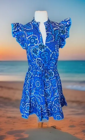 Avara Sloane Bright Blue Dress Flutter Sleeve Drawstring Cinched Waist Mini New thumbnail 1