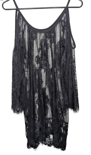 Black Floral Sheer Lace Mini Dress Coverup S Resort Witchy Whimsigoth Romantic‎ thumbnail 1