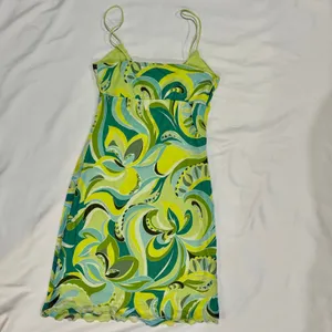 Vintage Y2K No Comment Green Abstract Swirl Mesh Lettuce Trim Mini Dress Small thumbnail 5