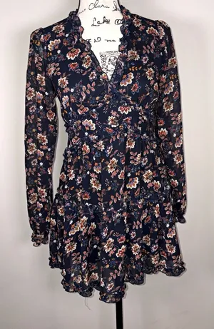 Mi Ami Black Floral Long Sleeve Ruffle Mini Dress Womens Size Medium thumbnail 1