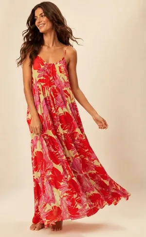 Sanctuary Tropical Palm‎ Print Resort Maxi Dress Pink Red Vaca Quiet Luxury Bold thumbnail 1