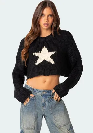 Edikted Crop Long Sleeve Sweater Navy thumbnail 1