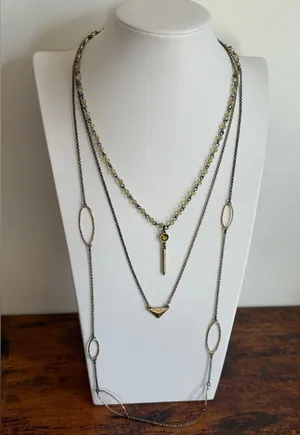 Layered Gold-Tone and Olive Bead Multi-Strand Necklace thumbnail 1
