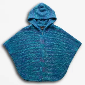 Fever Y2K Teal Blue Boucle Knit Hooded Zip Front Poncho Sweater Women Small thumbnail 1