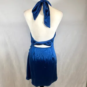 Angel Biba Blue satin halter neck faux wrap twisted backless mini dress size medium thumbnail 8