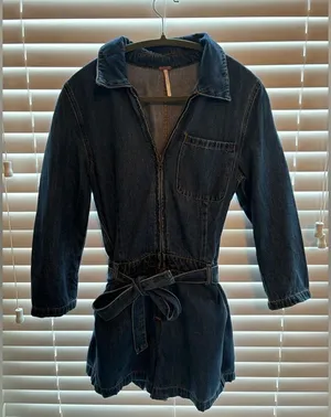 Free People Denim Long Sleeve Romper thumbnail 1