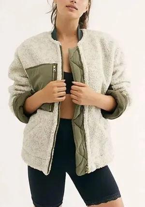 NWT Free People Rivington Sherpa jacket in green cream desert combo thumbnail 1