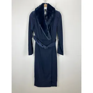 NEW Naked Wardrobe The Statement Trench Coat Navy Fur Shawl Collar Belted Small thumbnail 2