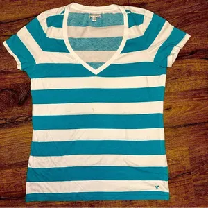 American Eagle Green and White Stripped V-Neck T-Shirt thumbnail 1