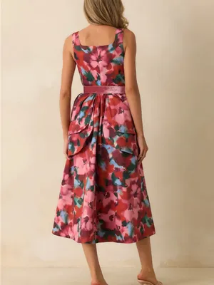 Prosperina Diana Pink Multi Floral Print Cotton Belted Midi Dress thumbnail 2