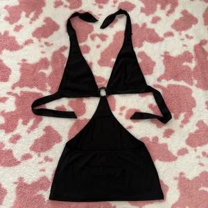 Sultry Black Cut-Out Halter Top / Mini Dress w Ring Detail 🔥 Y2K | Beach Club | Festival | Coachella | XS - Small New!! thumbnail 4