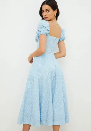 House Of CB 'Tallulah' Blue Ivory Floral Puff Sleeve Midi Dress. Size Medium thumbnail 12