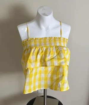 NWT Bloomingdale's Aqua Yellow Gingham Smocked Tiered Top thumbnail 1