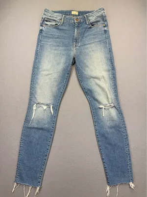 MOTHER High Waisted Looker Ankle Fray Jeans Thrilling Shots Distressed Blue 29 thumbnail 1