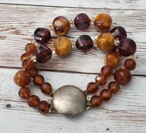 Vintage Bracelet - Amber Tones Clasp Bracelet Double Strand 8" thumbnail 1