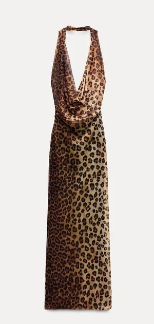 Zara Maxi plunge neck halter Dress Mesh Cheetah Animal print bodycon thumbnail 14