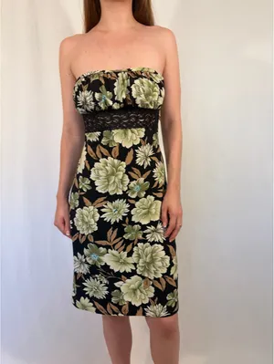 Strapless Green and Brown Floral Lace Y2k Party Dress thumbnail 7