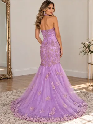Jovani Lavender Beaded Lace Mermaid Prom Dress | Size: 10 thumbnail 2
