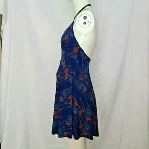 Free People Blue Peacock feather print Lined Halter Dress Boho Extra Small‎ XS thumbnail 3