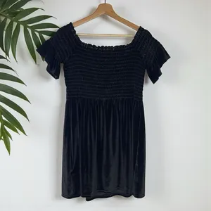Urban Outfitters Clara Off-The-Shoulder Smocked Velvet Dress in Black thumbnail 10