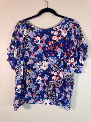 Maeve Blue Red Floral Blouse Womens L Casual Flowy Romantic Short Sleeve Top thumbnail 2