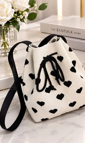 Knit Heart Pattern Drawstring Bucket Crossbody Bag 🖤✨ White thumbnail 1