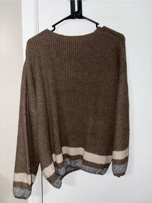 Brown and cream striped sweater with balloon sleeves size medium new thumbnail 3