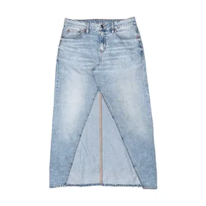 American Eagle Dreamy Drape Light Wash Low Rise Denim Maxi Skirt Front Slit Jean thumbnail 2
