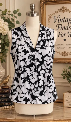 Calvin Klein Black & White Floral Sleeveless Blouse XL thumbnail 1