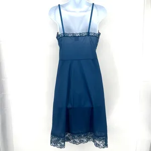Vtg Val Mode Y2K Slip Dress Sz 32 Coquette Lace Midi Bow 90 Sheer USA Satin Blue thumbnail 6