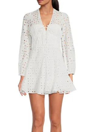 Gianni Bini Katrina Eyelet Mini Dress Cotton Long Sleeve A Line White Large NWT thumbnail 2