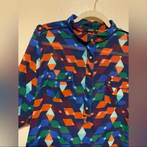 New A.N.A Colorful Geometric Blouse Size L | Semi Sheer Button Front Boho Top thumbnail 3