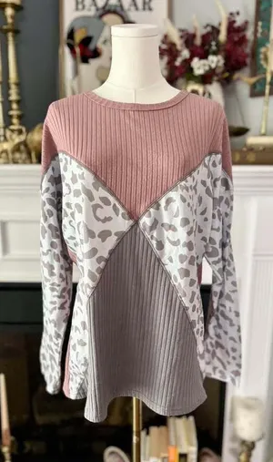 Pink and Grey Leopard Print Ribbed Long Sleeve Top Size L thumbnail 1