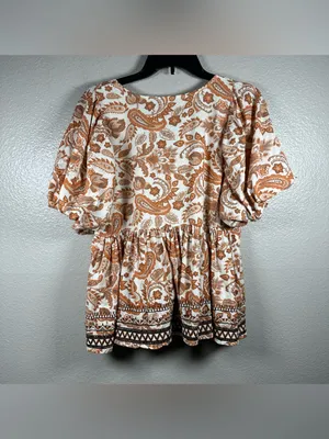 Anthropologie Puff-Sleeve Peasant babydoll Top in Rust Paisley SZ:L thumbnail 5