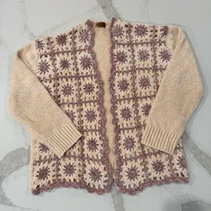 POL Chenille Granny Square Crochet Knit Cardigan Sweater Women’s Medium Vanilla thumbnail 1