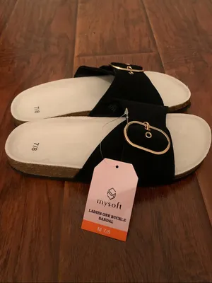 Women’s Black Slide Sandals with Gold Buckle Hardware thumbnail 3