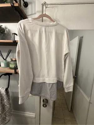 LOFT Cream Layered Pullover with Striped Shirt Hem thumbnail 4