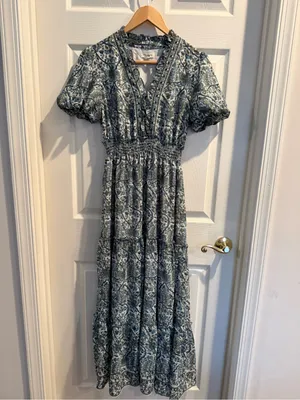 Max Studio Blue Floral V-Neck Smocked Maxi Dress thumbnail 5