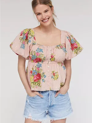 Love the label Rosette Babydoll Blouse Floral Peplum Top‎ Pink Anthropologie thumbnail 1