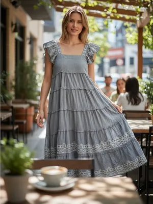 Knox Rose Blue Tiered Midi Dress with White Embroidery thumbnail 7