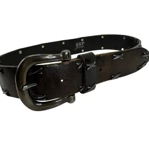 EXP Jeans Leather Belt Studded Whipstitch Brown Y2K Western‎ Grunge Small USA thumbnail 8
