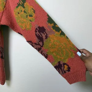 VTG 80s British Khaki Women Cotton Sweater Pink Floral‎ Knit Cottage Intarsia thumbnail 7