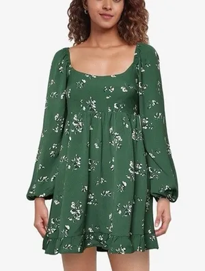 Abercrombie & Fitch Floral Babydoll Mini Dress Size LT Green Romantic Whimsical thumbnail 1
