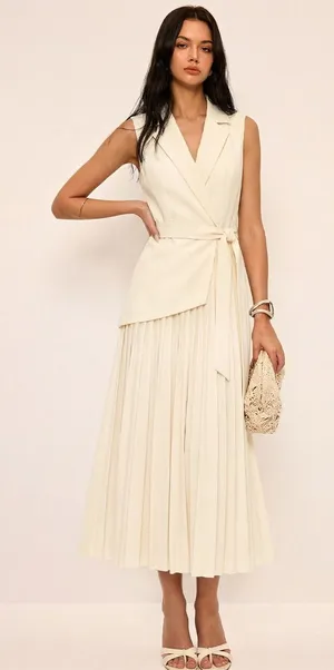 Commense Sleeveless Belted Pleated Blazer Maxi Dress Beige Size Small NWT thumbnail 1