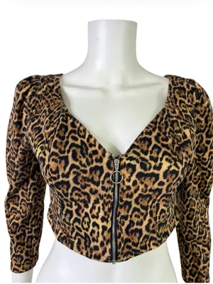 Zara Leopard-Print Zip Crop Top with Puff Sleeves - Brown/Black thumbnail 4